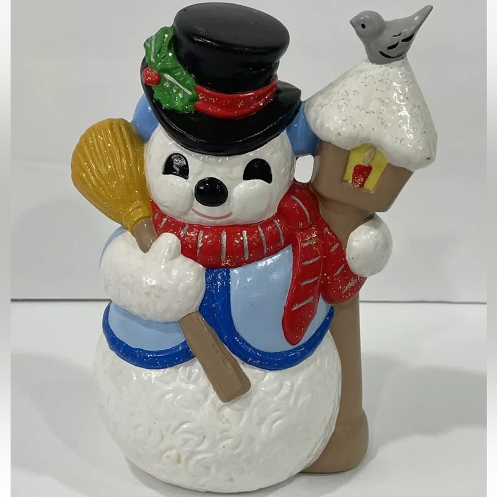 Vintage Ceramic Mold Snowman With Bird Christmas Holly Berry Top Hat 8” H